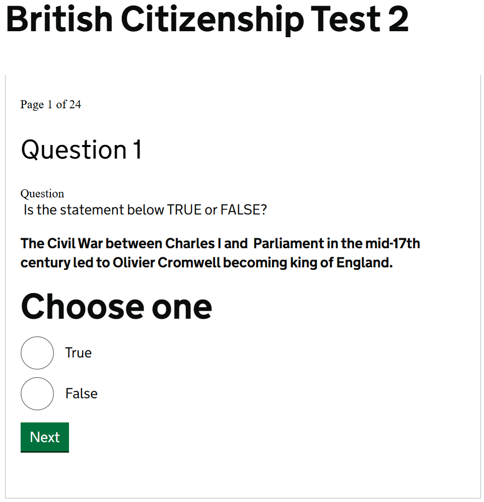 British Citizenship Test Questions Examples British Citizenship Life in the UK Test - question type - TRUE or FALSE