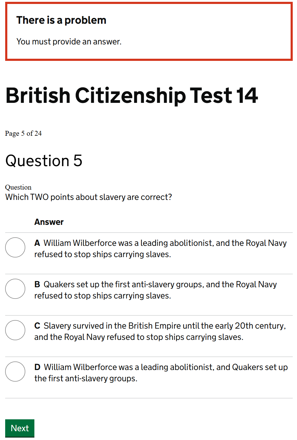 British Citizenship question problem There is a problem - You must provide a question.