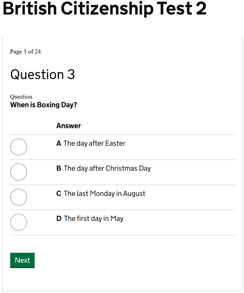 British Citizenship Test British Citizenship Life in the UK Test - question type - select one correct answer