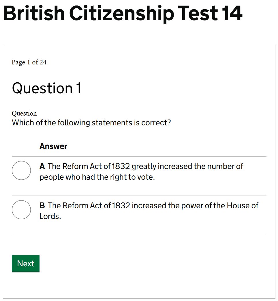 British Citizenship Test British Citizenship Life in the UK Test - question type - statement